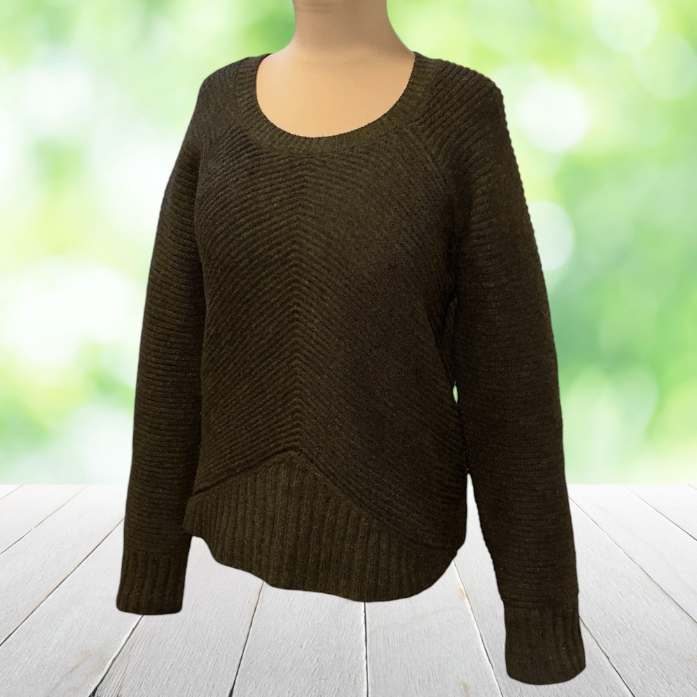 JOA Chevron Rib Knit Pullover Sweater Wool Blend Raglan Chunky Olive Green Sz M